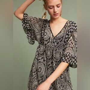 Akemi + Kin Brooke Black & Cream Embroidered Babydoll Mini Tunic Dress  (Small)